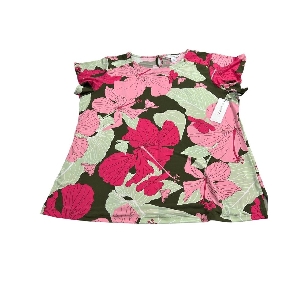 Liz Claiborne Womens XL Pink & Green Floral Print Top Short Sleeves Keyhole Back - Picture 7 of 11